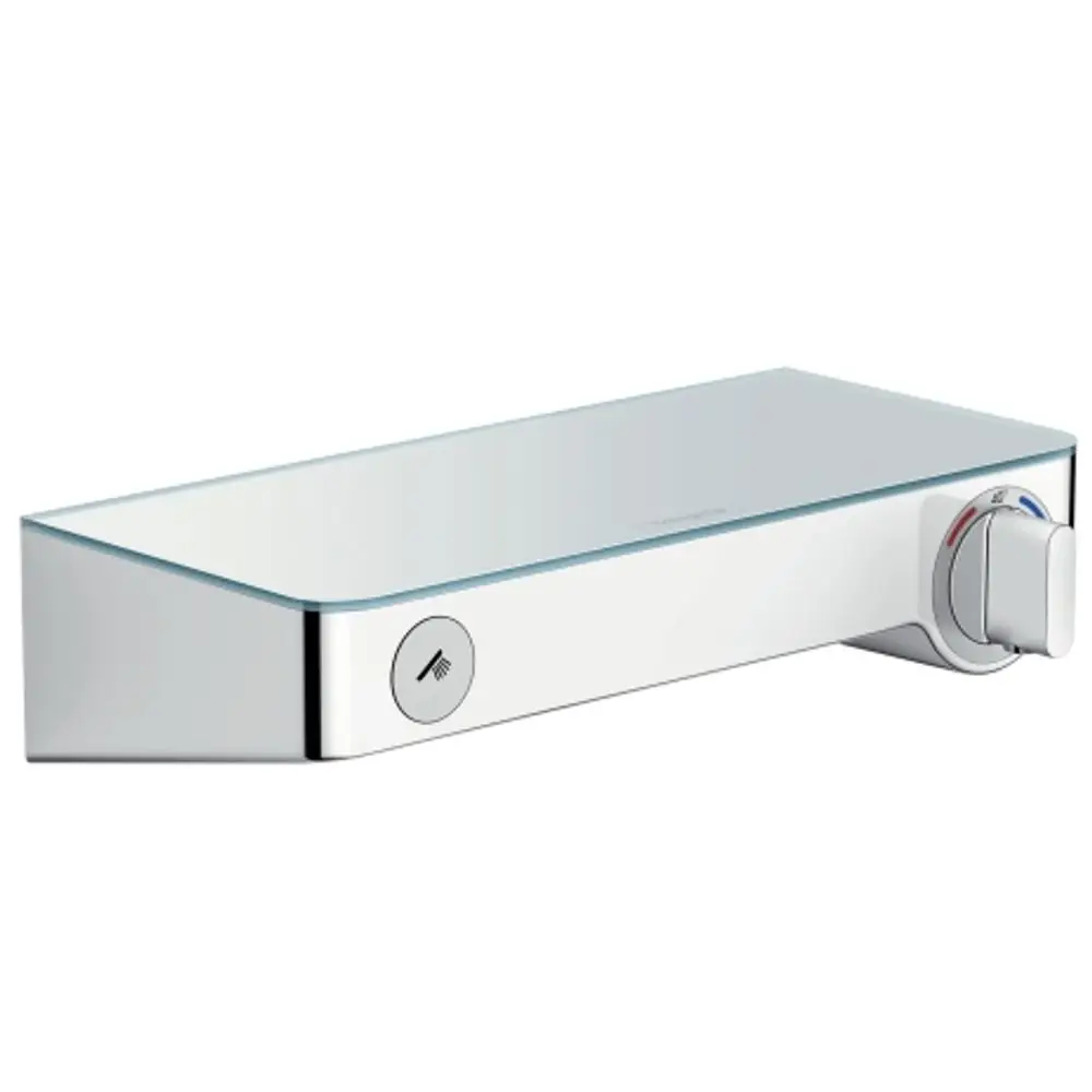 Brausethermostat in chromfarbener Ausführung von Hansgrohe mit Drehregler zur Temperatursteuerung und einer Taste zur Wasserausgabe. Flaches, rechteckiges Design.